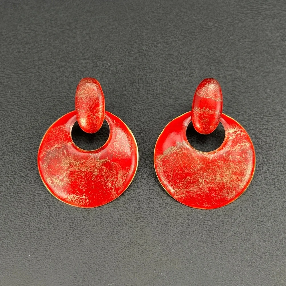 Vintage Door Knocker Earrings Red Gold Marbled Enamel Statement
